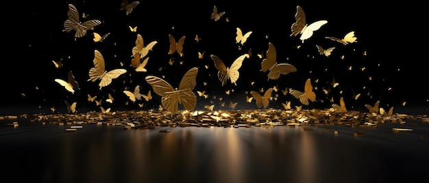 Um fundo preto com borboletas douradas e pó de ouro