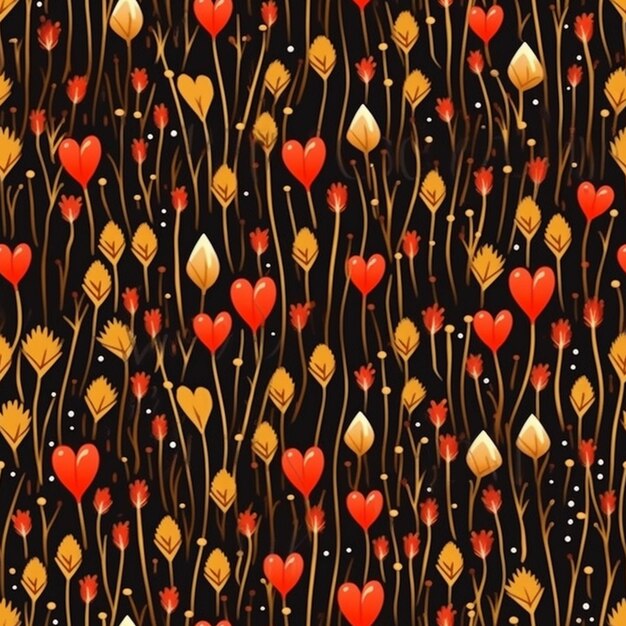 Um fundo preto com corações vermelhos e dourados e flores generativas ai