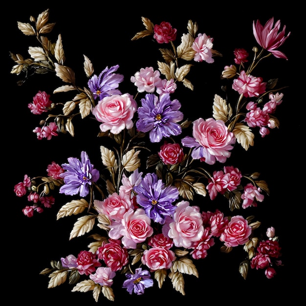 Um fundo preto com flores e folhas rosa e roxas.