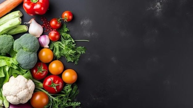 Um fundo preto com legumes e um fundo preto com um lugar para texto.