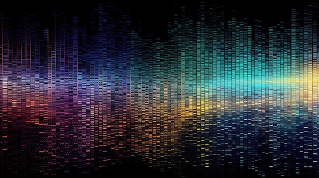 Um fundo preto com ondas sonoras digitais azuis e amarelas.