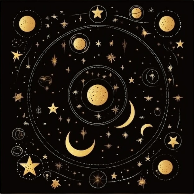 Um fundo preto com um círculo de estrelas e planetas.