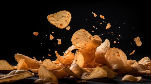 Um fundo preto com um monte de batatas fritas voando no ar.