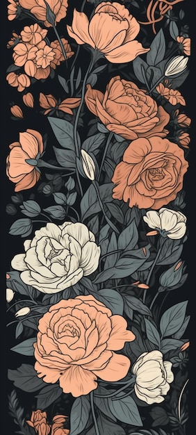Um fundo preto com um padrão floral com flores e folhas de laranja.