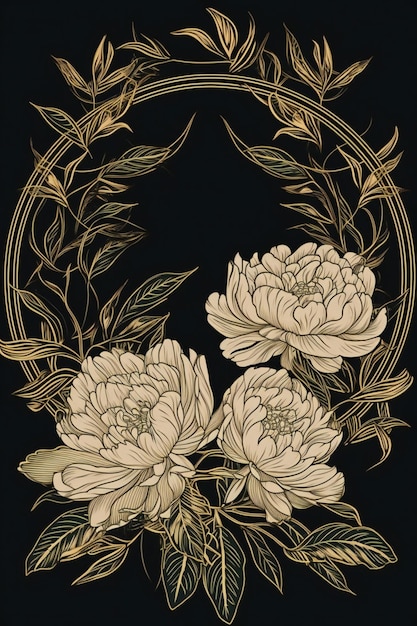 Um fundo preto com um padrão floral e uma moldura dourada com uma grande peônia.