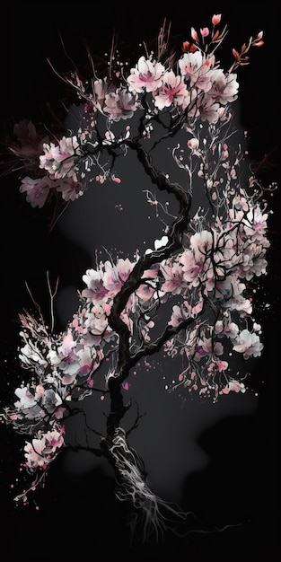 Um fundo preto com um ramo de flores de cerejeira.