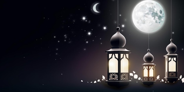 Um fundo preto com uma lanterna e a lua e as palavras ramadã.