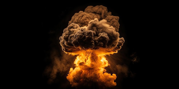 Foto um fundo preto com uma nuvem de fumaça e uma explosão nuclear