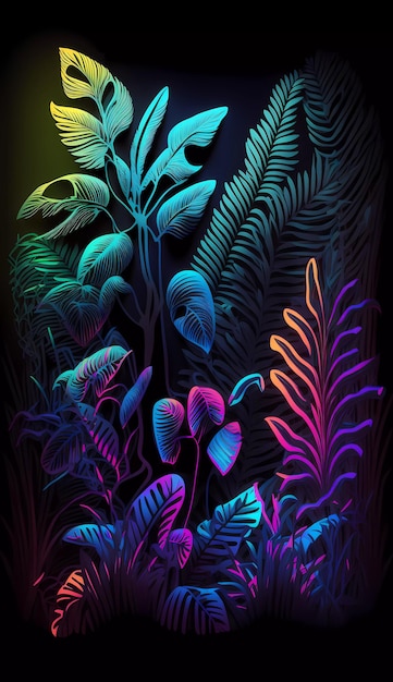 Um fundo preto com uma selva neon e plantas.