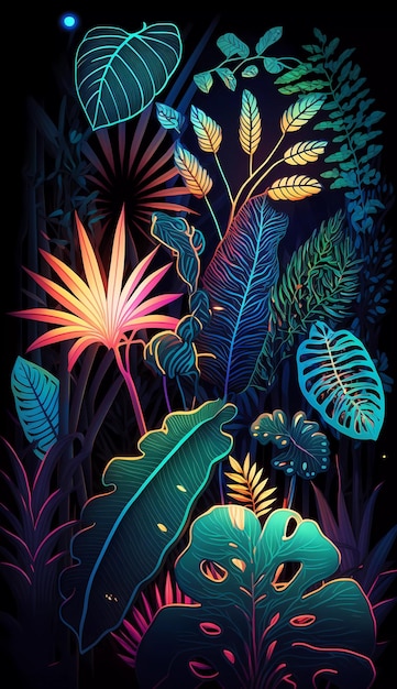 Um fundo preto com uma selva neon e plantas