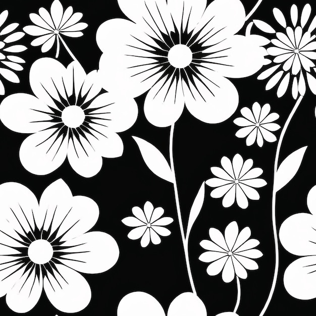 Um fundo preto e branco com flores e folhas brancas.