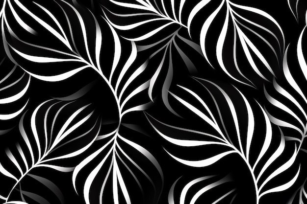 um fundo preto e branco com um padrão de folhas e uma flor branca