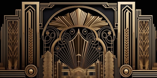 Um fundo preto e dourado do estilo art deco com uma porta e as palavras'art deco'on.