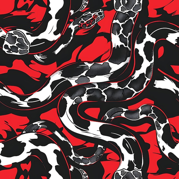 um fundo preto e vermelho com uma cobra preta e branca