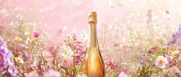 Um fundo rosa claro emparelhado com uma garrafa de champanhe dourada