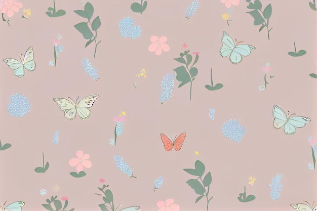 Foto um fundo rosa com borboletas e flores.