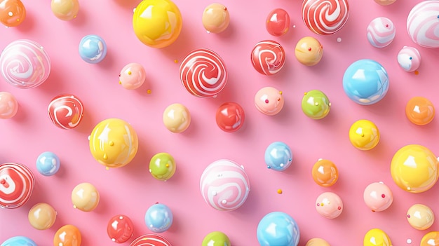 Foto um fundo rosa com doces coloridos e um doce em forma de coração