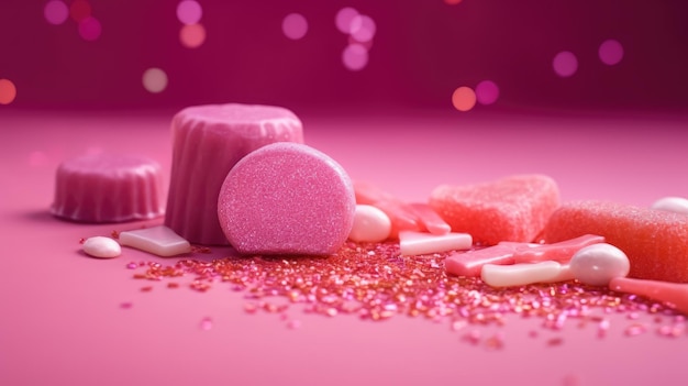 Um fundo rosa com doces nele generativo ai