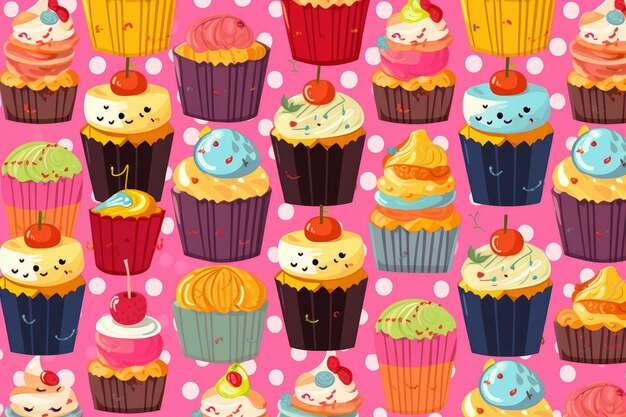 Um fundo rosa com muitos cupcakes nele