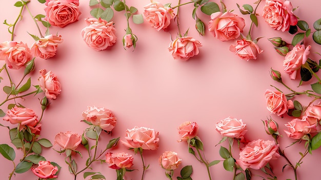 Um fundo rosa com rosas cor-de-rosa e folhas verdes dispostas em forma de coração em um rosa