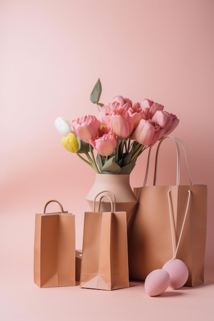 Um fundo rosa com um buquê de flores e um saco de papel com uma etiqueta rosa.