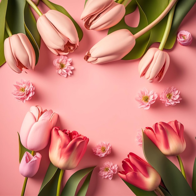 Um fundo rosa com um buquê de tulipas e um fundo rosa com a palavra tulipas.