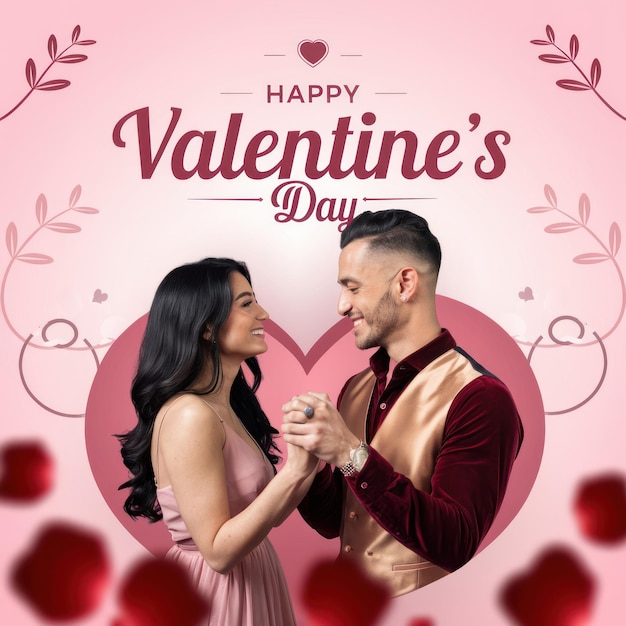 um fundo rosa com um casal de mãos dadas e um coração rosa com as palavras " Feliz Dia dos Namorados "