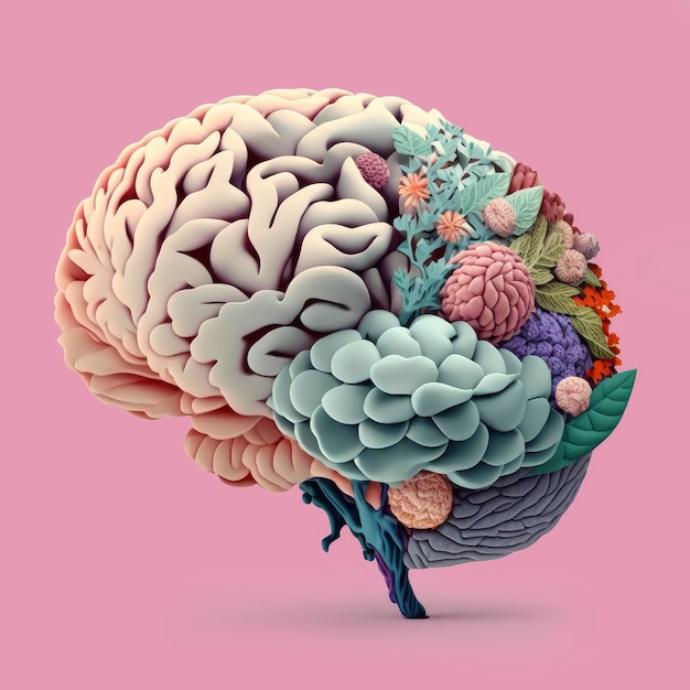 Um fundo rosa com um cérebro e uma planta dentro dele.
