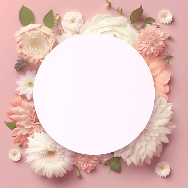 Um fundo rosa com um círculo branco redondo e flores