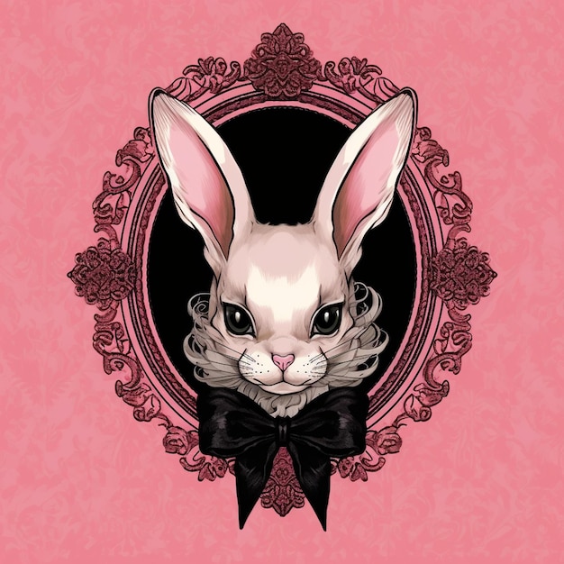 Foto um fundo rosa com um coelho com um laço e um laço preto.