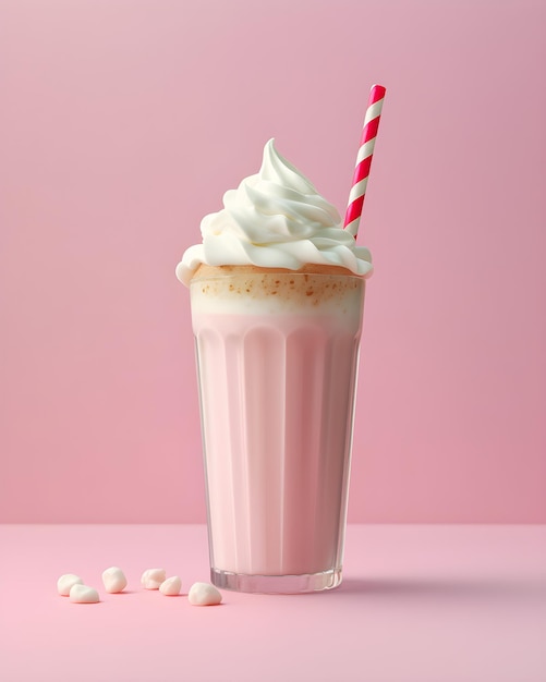 Um fundo rosa com um milk-shake com chantilly e marshmallows.