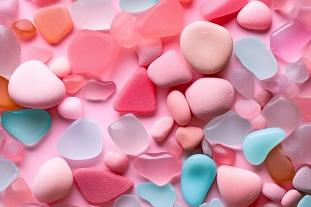 Um fundo rosa com uma variedade de pedras coloridas em forma de coração.