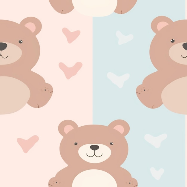 Um fundo rosa e azul com um urso e corações.