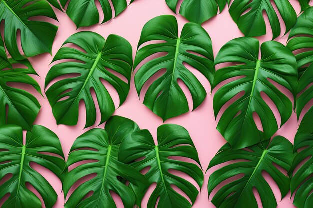 Um fundo rosa mostrando uma vista plana de cima das folhas de Monstera em verde vibrante