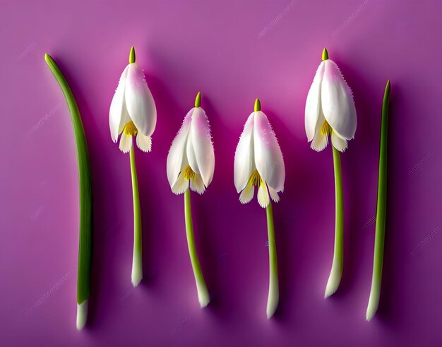 Um fundo roxo com flores brancas e rosa.