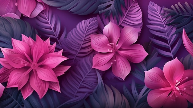 Um fundo roxo com flores e folhas rosa.