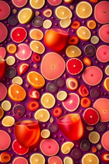 Um fundo roxo com frutas de cores diferentes e uma vela.