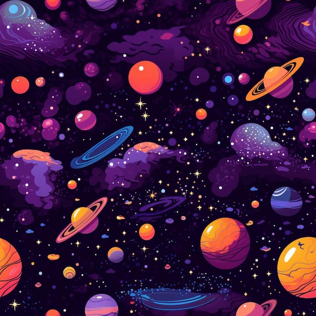 Foto um fundo roxo com planetas e planetas.