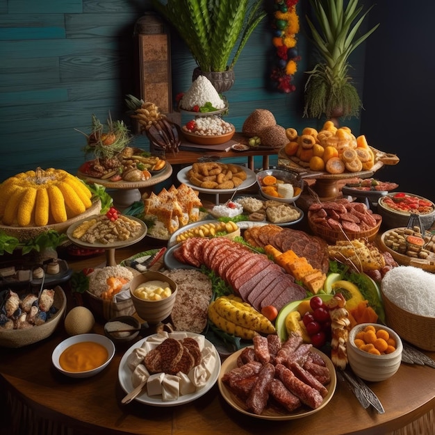 Um fundo rústico de madeira adornado com ingredientes tradicionais brasileiros