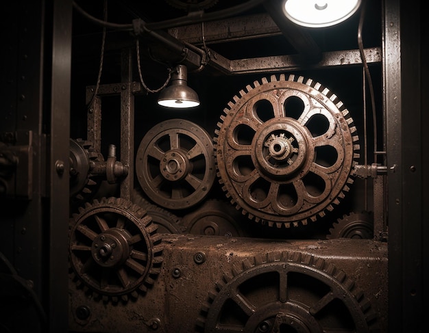 Um fundo sombrio no estilo da distopia e steampunk engrenagens e mecanismos vintage em uma fábrica abandonada