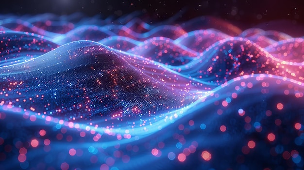 Um fundo tecnológico de música de néon em uma boate visualiza ondas musicais em um estilo cibernético tecnológico Pontos de luz formam imagens de superfície circular de sons redondos espalhados