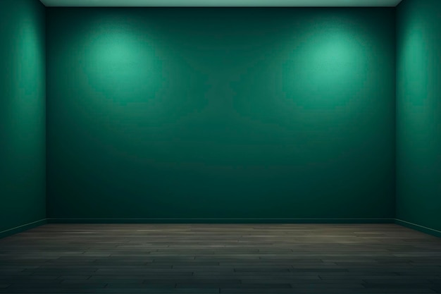 Um fundo vazio de cor esmeralda profunda com um chão de madeira