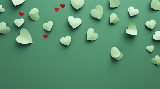 Foto um fundo verde com corações e um coração vermelho.
