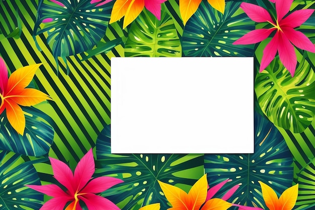 Um fundo verde com folhas e flores tropicais