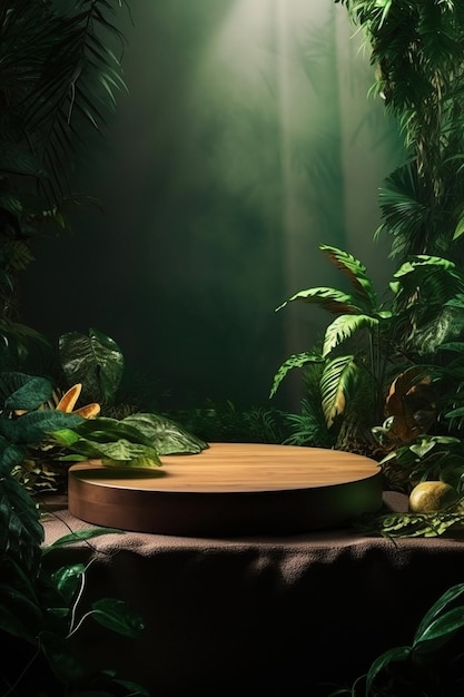 Um fundo verde com um círculo redondo de madeira no meio de uma selva.