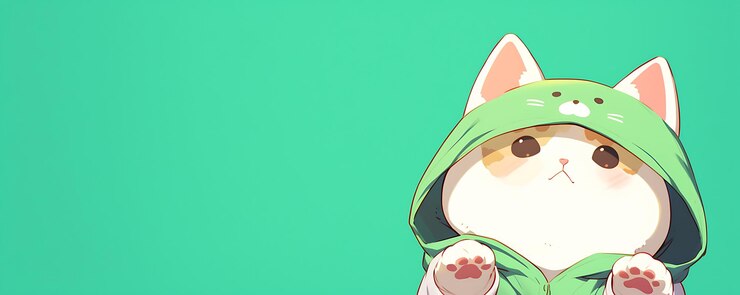 Foto um fundo verde com um gato em um capuz verde