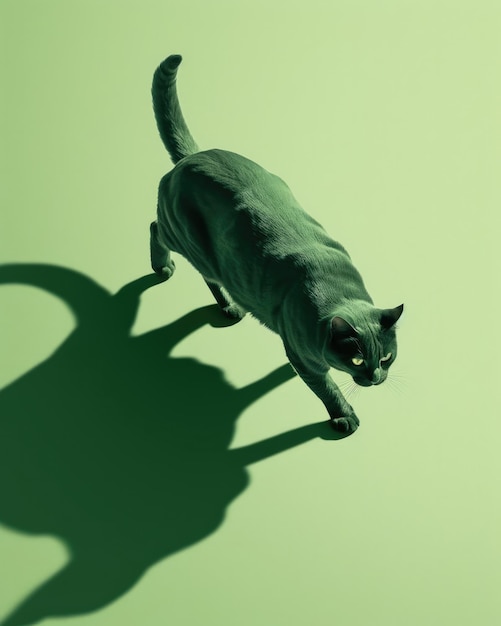 Foto um fundo verde com um gato preto e uma sombra.