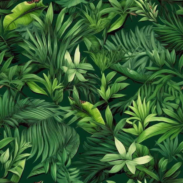 Foto um fundo verde com um padrão de folhas tropicais.