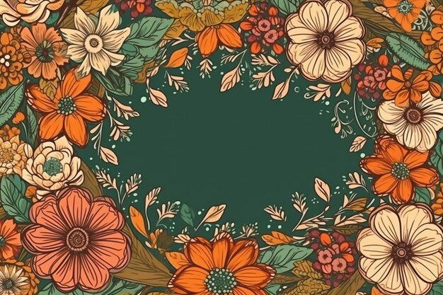 Um fundo verde com uma moldura floral e um lugar para texto.