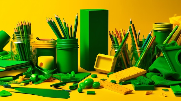 Um fundo verde com vários materiais escolares